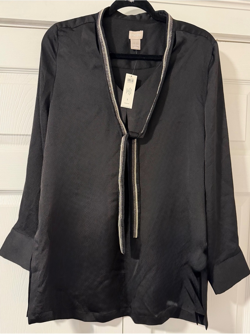 Chico's Black Blouse with Silver-Trim Tie